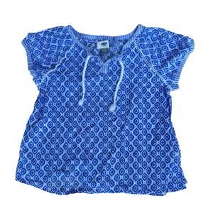 Old Navy Girls Blue White Tie Neck Short Sleeve Blouse Top Size L(10-12)